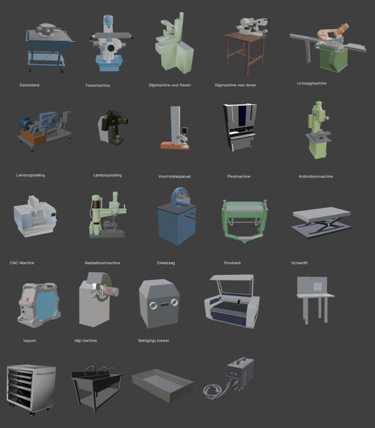 Overzicht van de 3D-modellen in Blender, waaronder een freesmachine, CNC-machine, plooibank, laspost en schaarlift