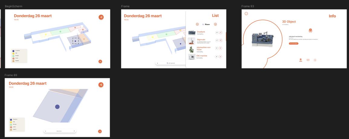 Hi-fi schermen van de EMG-app: beginscherm, lijst per zone en infoscherm van een 3D-object