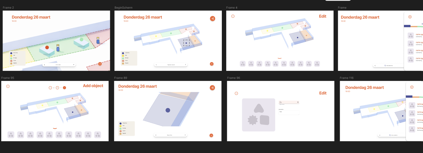 Lo-fi wireframes van de EMG-app: plattegrond met zones, legende en bewerkschermen