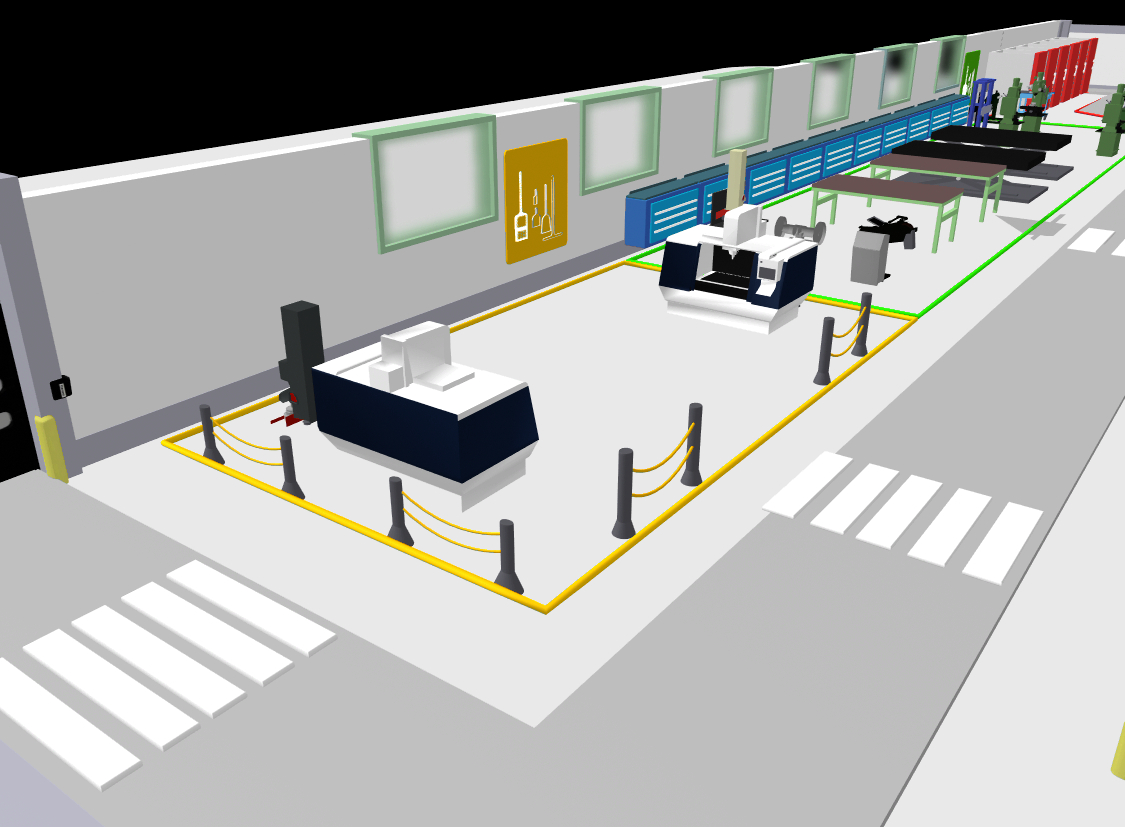 Dezelfde CNC-zone met op de achtergrond werkbanken, gereedschapskasten en groene looppadmarkering