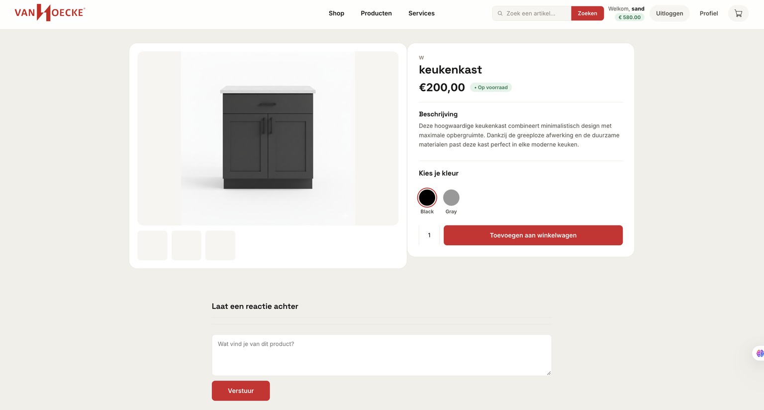 Productpagina met kleurkeuze en reviewveld